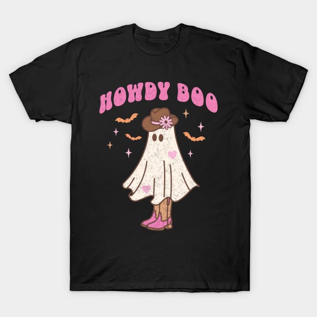 Western Retro Halloween Ghost Happy Howdy Boo Pink Black T-Shirt by PUFFYP